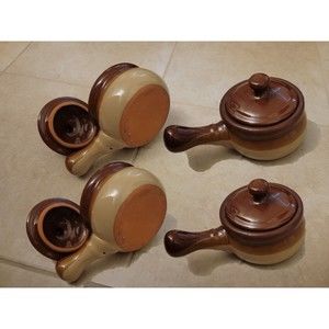 Set of 4 French Onion Soup Chili Crocks Handled Bowls Lids Brown Glazed Stone